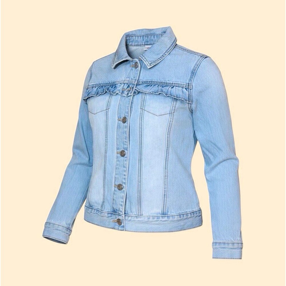 FABKIDS Girls Blue Denim Jacket 10-12 Button Front Collared Pockets Ruffle